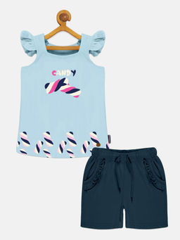 KiddoPanti - Girls Blue Printed Square Neck Top and Hot Shorts