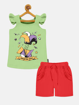 KiddoPanti - Girls Green Square Neck Top and Hot Shorts