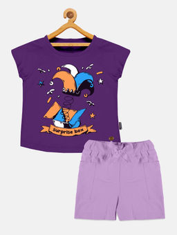 KiddoPanti - Girls Purple Printed Round Neck Top and Hot Shorts