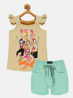 KiddoPanti - Girls Cream Printed Square Neck Top and Shorts