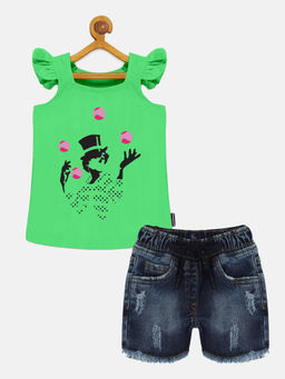 KiddoPanti - Girls Green Printed Square Neck Top and Denim Shorts