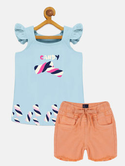 KiddoPanti - Girls Blue Printed Square Neck Top and Shorts