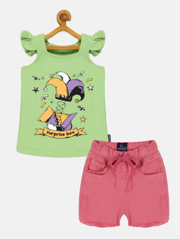 KiddoPanti - Girls Green Printed Square Neck Top and Shorts