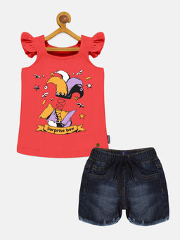 KiddoPanti - Girls Red Printed Square Neck Top and Denim Shorts