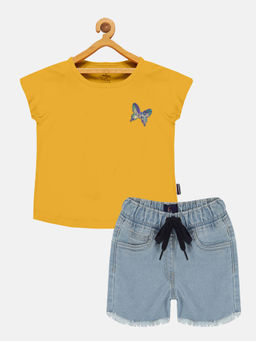 KiddoPanti - Girls Printed Raglan Sleeve T-shirt and Denim Hot Shorts