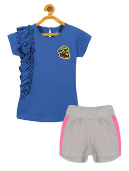 KiddoPanti - Girls Blue Frill Solid Half Sleeves Top and Shorts