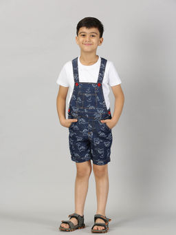 KiddoPanti - Blue Printed Half Sleeve Round Neck T-shirt & Dungaree