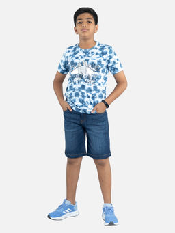 KiddoPanti - Boys Blue Tie & Dye Print T-shirt & Denim Shorts