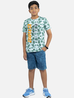 KiddoPanti - Boys Green Tie & Dye Print T-shirt & Denim Shorts
