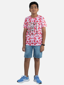 KiddoPanti - Boys Red Tie & Dye Print T-shirt & Denim Shorts