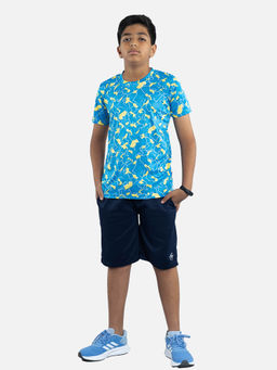 KiddoPanti - Boys Blue Round Neck Sports Printed T-shirt & Shorts