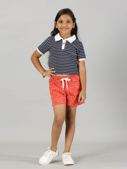KiddoPanti - Girls Stripe Print Crop Polo T-shirt & Shorts