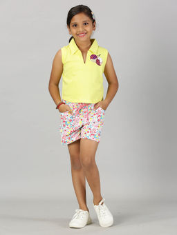 KiddoPanti - Girls Yellow Sequined Polo T-shirt & Shorts