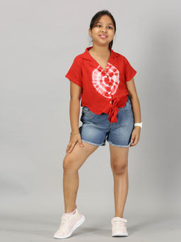 KiddoPanti - Girls Red Tie Up Shirt Style Top and Denim Shorts
