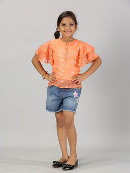 KiddoPanti - Girls Orange Printed Round Neck Top and Denim Shorts