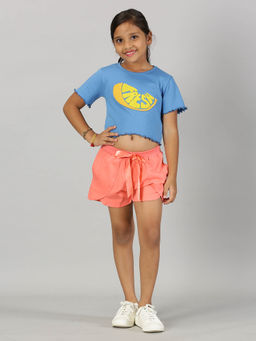 KiddoPanti - Girls Blue Embroidered Crop Top and Shorts