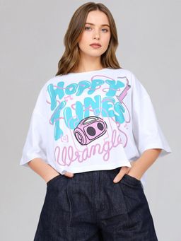 Wrangler - Women White Pure Cotton Graphic Oversized Fit T-Shirt
