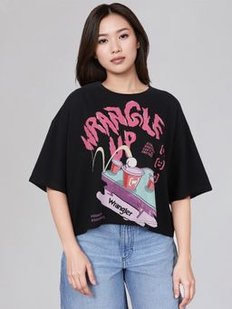 Wrangler - Women Black Pure Cotton Graphic Oversized Fit T-Shirt