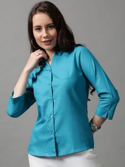 SHOWOFF - Women's Spread Collar Solid Turquoise Blue Polyester Shirt
