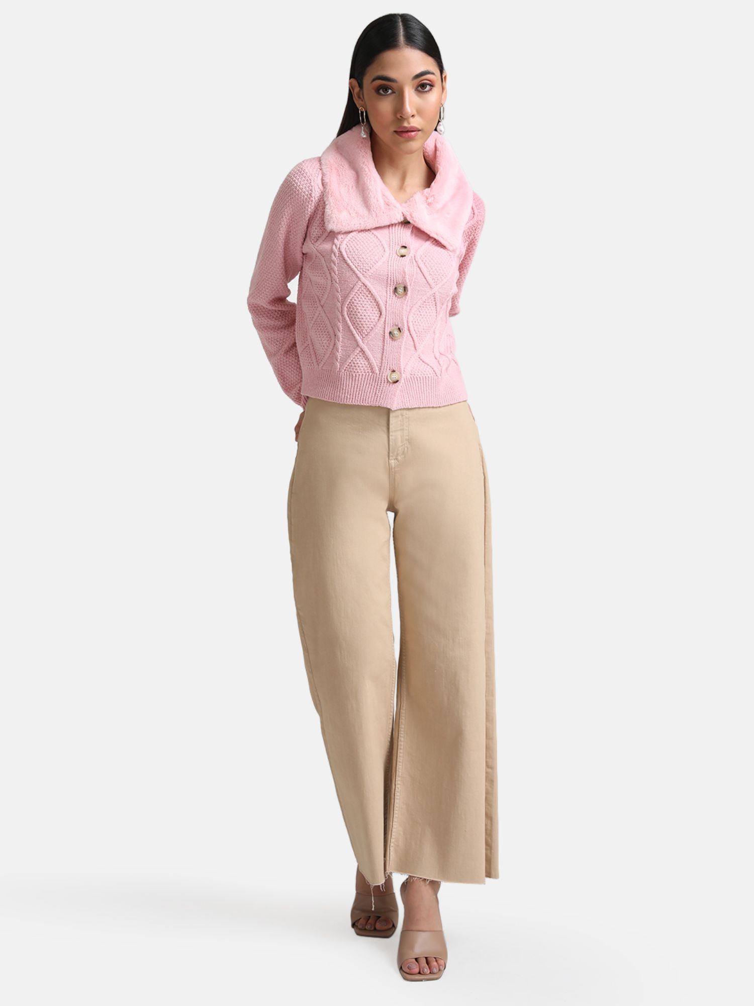 Pink Cardigan With Fur Collar-image-7