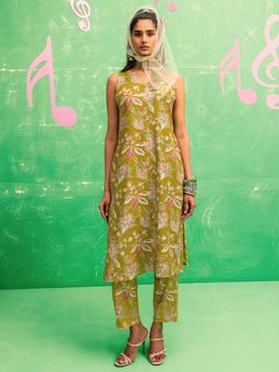 Libas - Green Printed Silk Blend Straight Co-Ord Set for Women