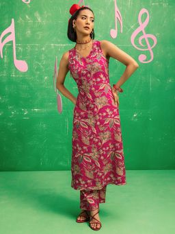 Libas - Pink Printed Silk Blend Straight Co-Ord Set for Women