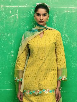 Libas - Green Cotton Kurta With Palazzo & Dupatta
