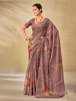 Odette - Womens Tussar Silk Purple Printed Saree with Unstitched Blouse