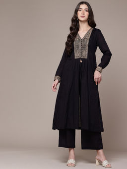 Ritu Kumar - Womens Cotton Thread Work Embroidered Black Kurta with Palazzo