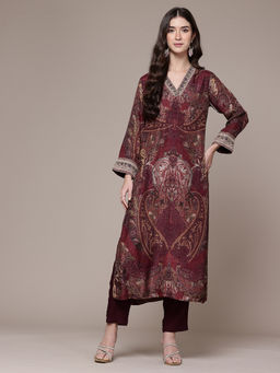 Ritu Kumar - Womens Viscose Embroidered Printed Wine Kurta with Pant