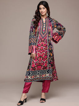 Ritu Kumar - Womens Viscose Printed Multi-Color Kurta with Pant