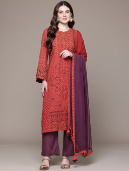 Ritu Kumar - Womens Viscose Embroidered Printed Orange Kurta with Palazzo and Dupatta