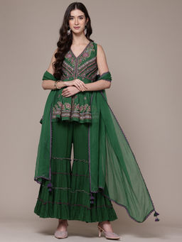Ritu Kumar - Womens Cotton Thread Work Embroidered Green Kurti with Sharara and Dupatta