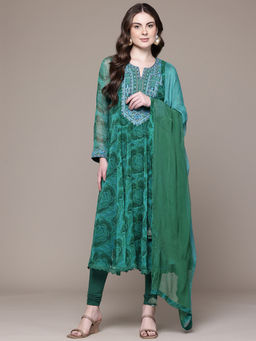Ritu Kumar - Womens Viscose Sequined Embroidered Green Kurta with Leggings and Dupatta