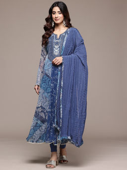 Ritu Kumar - Womens Viscose Embroidered Printed Blue Kurta with Pant and Dupatta