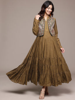 Ritu Kumar - Womens Cotton Blend Solid Olive Dress with Jacket