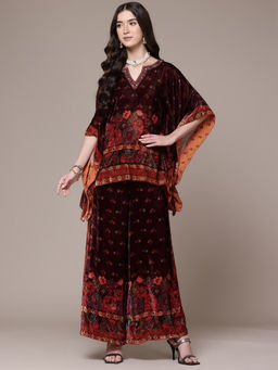 Ritu Kumar - Womens Viscose Sequined Floral Maroon Co-Ord Set