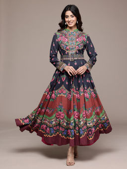 Ritu Kumar - Womens Cotton Printed Floral Navy Blue Dress with Belt