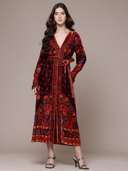 Ritu Kumar - Womens Viscose Printed Floral Maroon Dress with Belt