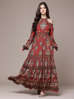 Ritu Kumar - Womens Viscose Printed Maroon Dress