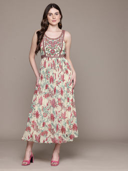 Ritu Kumar - Womens Viscose Embroidered Floral White Dress