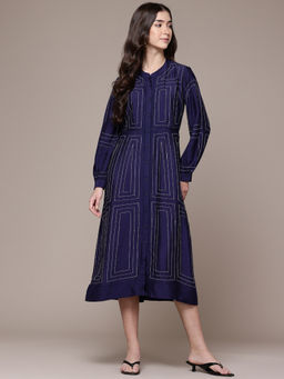 Ritu Kumar - Womens Viscose Thread Work Embroidered Navy Blue Dress