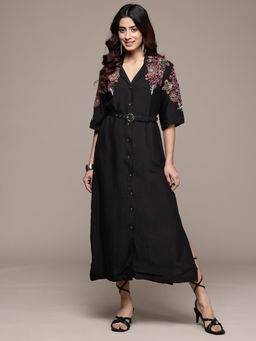 Ritu Kumar - Womens Viscose Thread Work Embroidered Black Dress with Belt