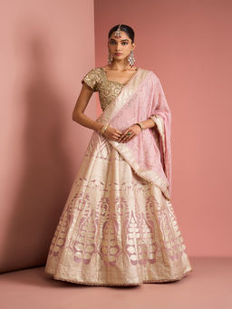 MILU MADAN - Womens Organza Sequined Embroidered Pink Lehenga with Stitched Blouse and Dupatta