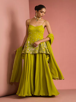 MILU MADAN - Womens Georgette Silk Beads Embroidered Green Kurti with Sharara and Dupatta