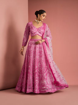 MILU MADAN - Womens Net Sequined Embroidered Pink Lehenga with Stitched Blouse and Dupatta