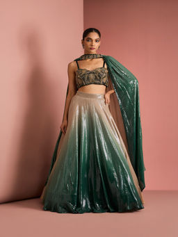 MILU MADAN - Womens Georgette Silk Sequined Ombre Green Lehenga with Stitched Blouse and Dupatta