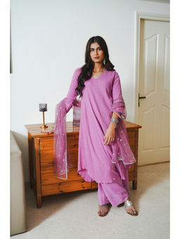 Mala Singh - Womens Cotton Solid Lavender Kurta with Palazzo and Dupatta