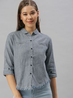 SHOWOFFFF - Women Regular Fit Regular Sleeves Navy Blue Vertical Stripes Shirt