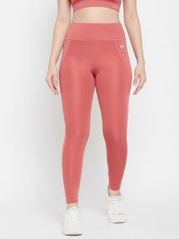 Clovia - High Waist Active Tights in Salmon Pink with Side Pocket